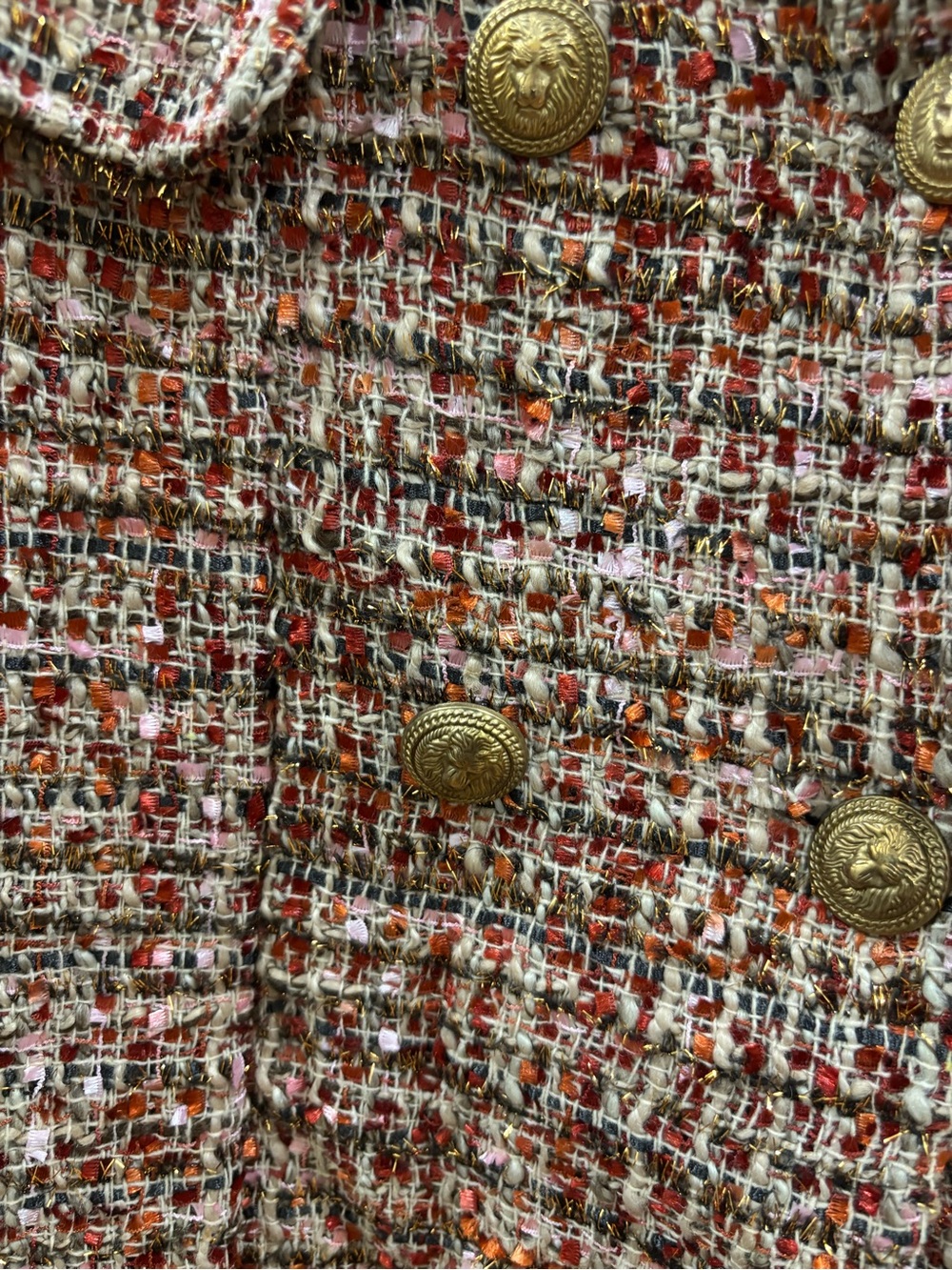 CBR Pink-Red Tweed Double-Breasted Blazer Jacket with Gold Buttons - Picture 2 of 5